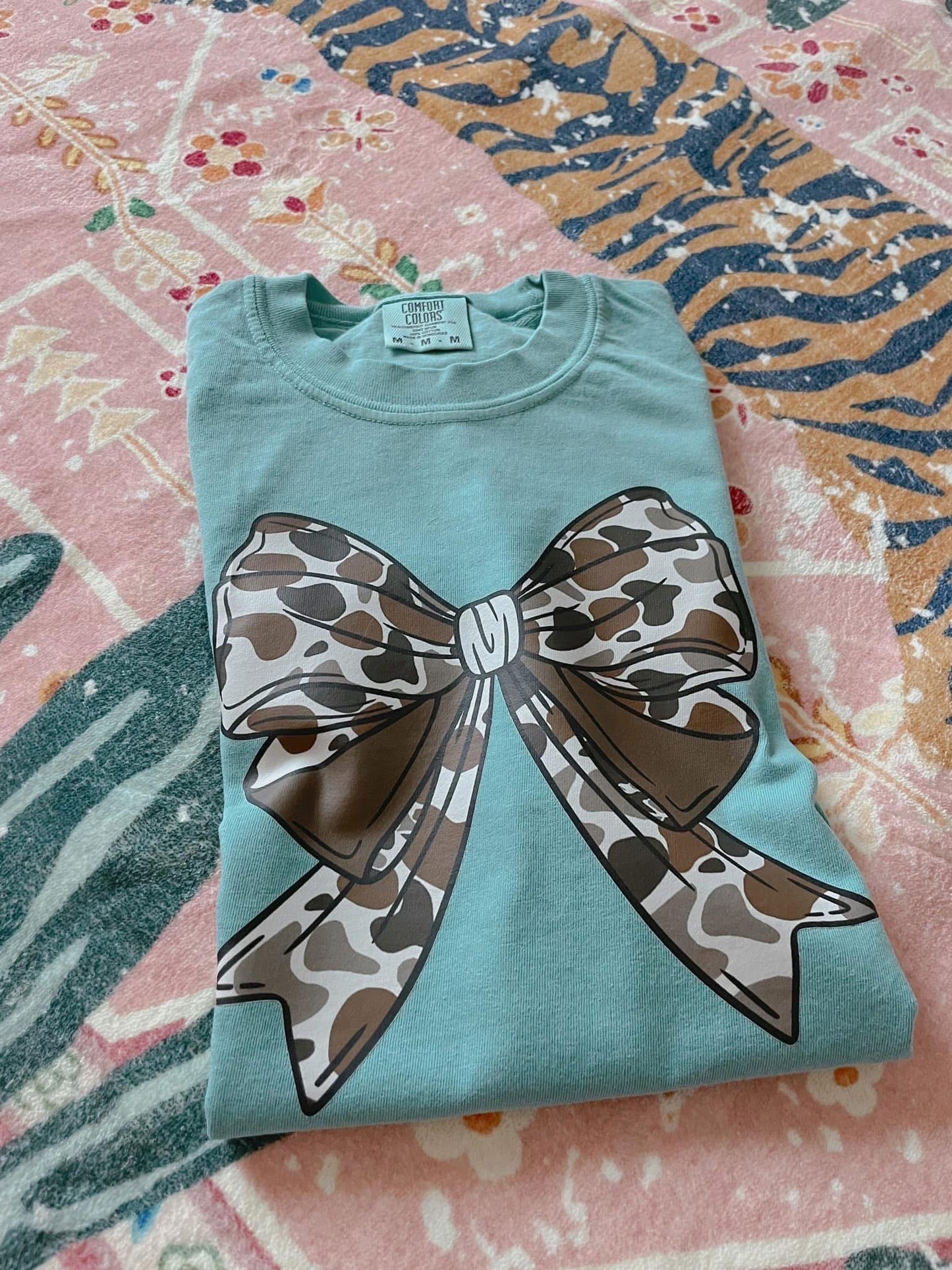 Camo Bow Comfort Color T-shirt: Seafoam